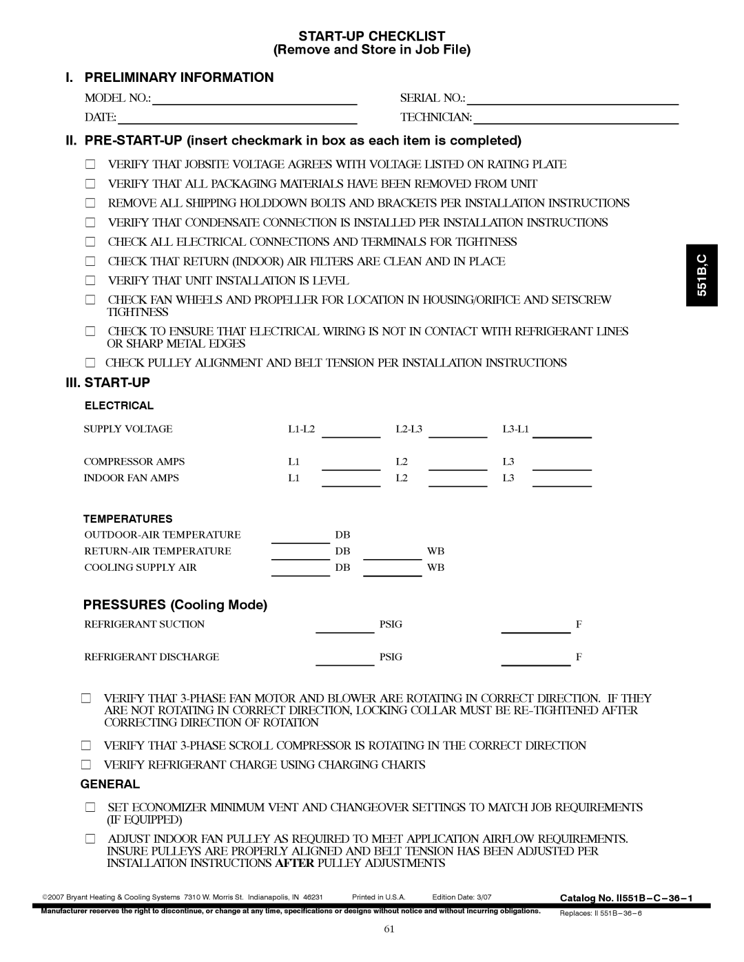 Bryant 551C installation instructions Preliminary Information, Catalog No. II551B---C---36---1 