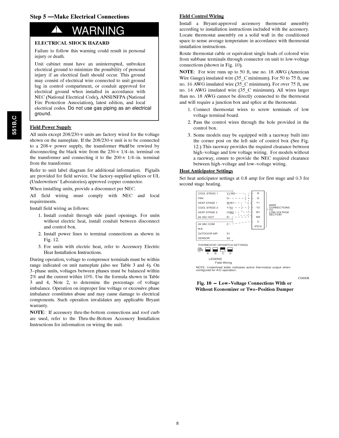 Bryant 551B, 551C Make Electrical Connections, Field Power Supply, Field Control Wiring, Heat Anticipator Settings 