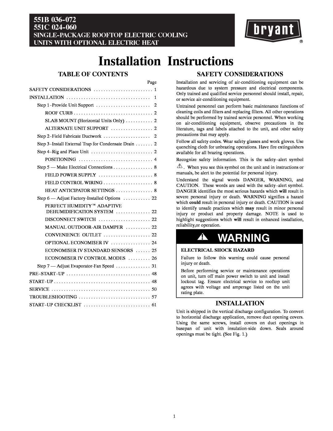 Bryant installation instructions Table Of Contents, Safety Considerations, Installation Instructions, 551B 551C 