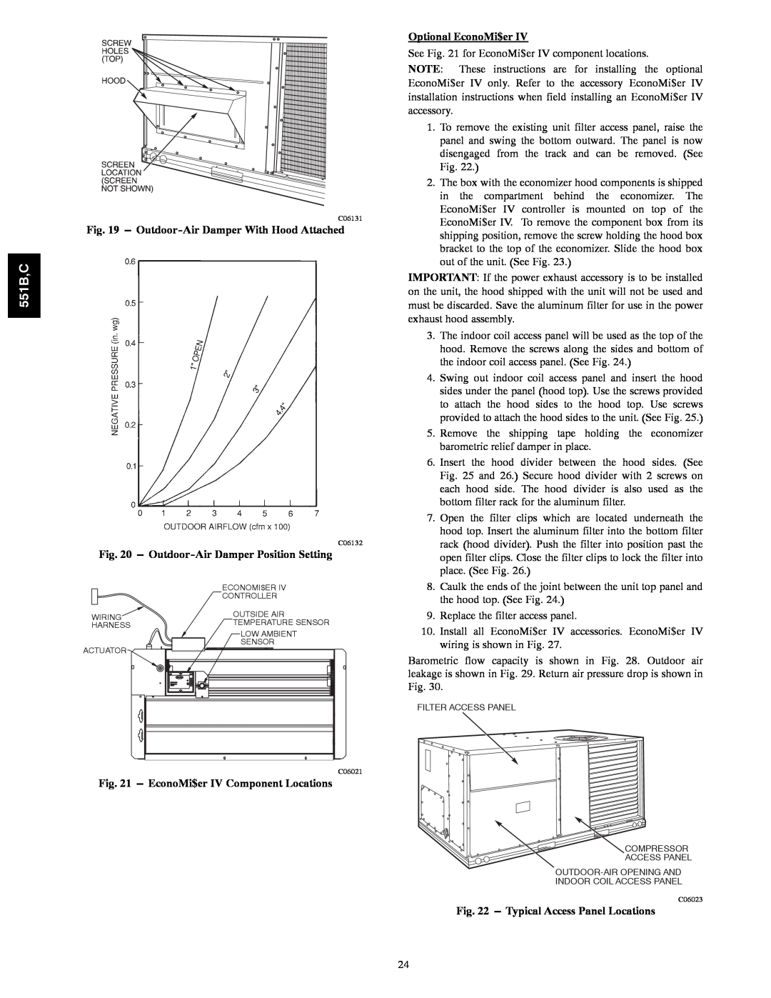 Bryant 551B,C, Fig. Fig, Outdoor-AirDamper With Hood Attached, Outdoor-AirDamper Position Setting, Optional EconoMi$er 