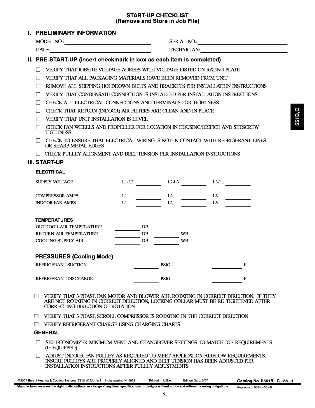 Bryant 551C General, START-UPCHECKLIST Remove and Store in Job File, I. Preliminary Information, Iii. Start-Up, 551B,C 