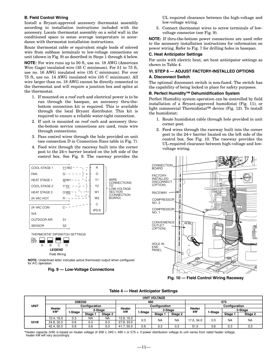 Bryant 551B Field Control Wiring, Heat Anticipator Settings, VI. Adjust FACTORY-INSTALLED Options A. Disconnect Switch 