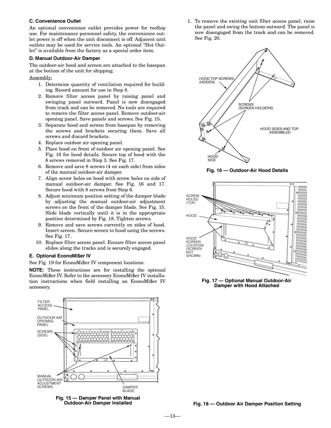 Bryant 551B installation instructions Convenience Outlet, Manual Outdoor-Air Damper, Optional EconoMi$er 