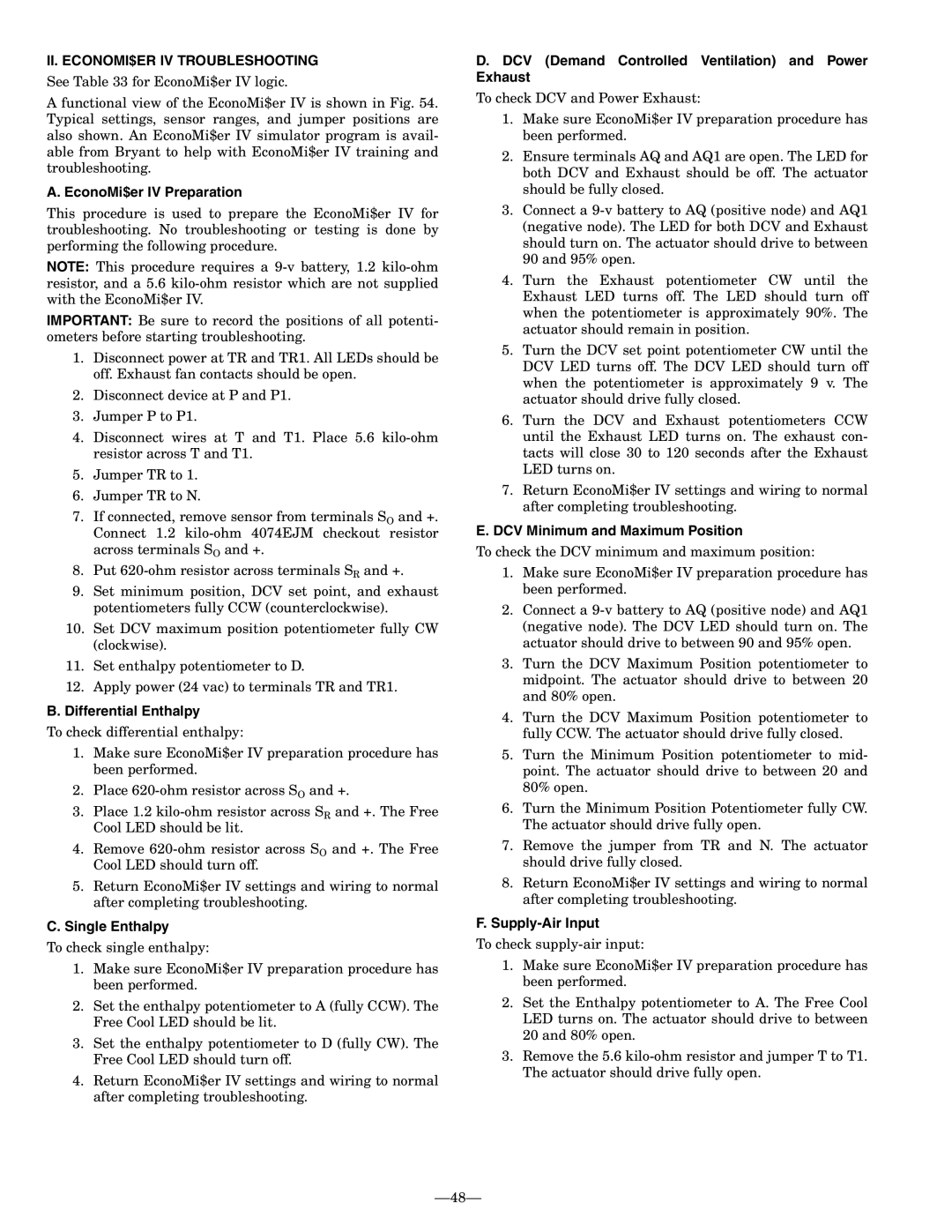 Bryant 551B installation instructions II. ECONOMI$ER IV Troubleshooting 