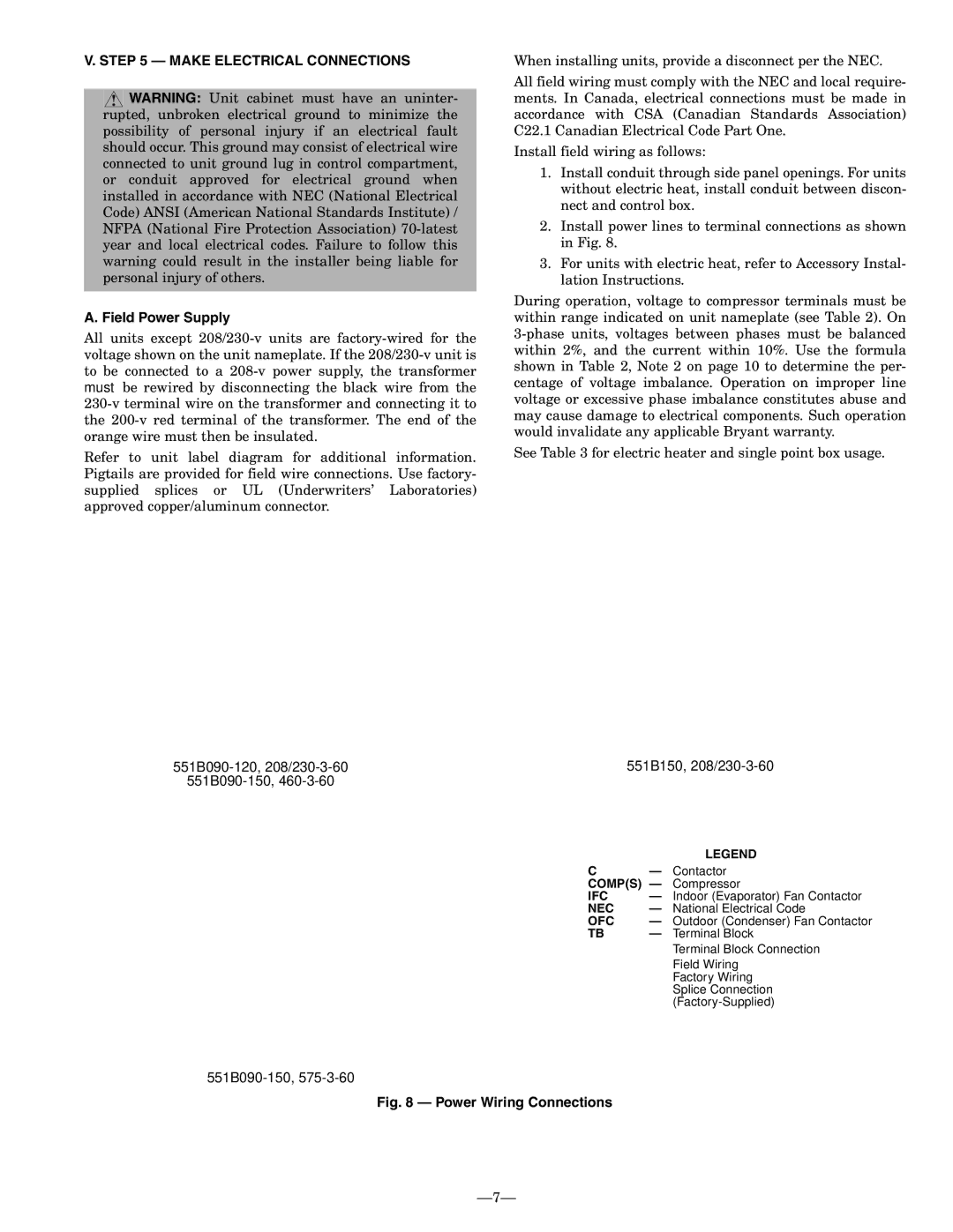 Bryant 551B installation instructions Make Electrical Connections, Field Power Supply, Ifc, Nec, Ofc 