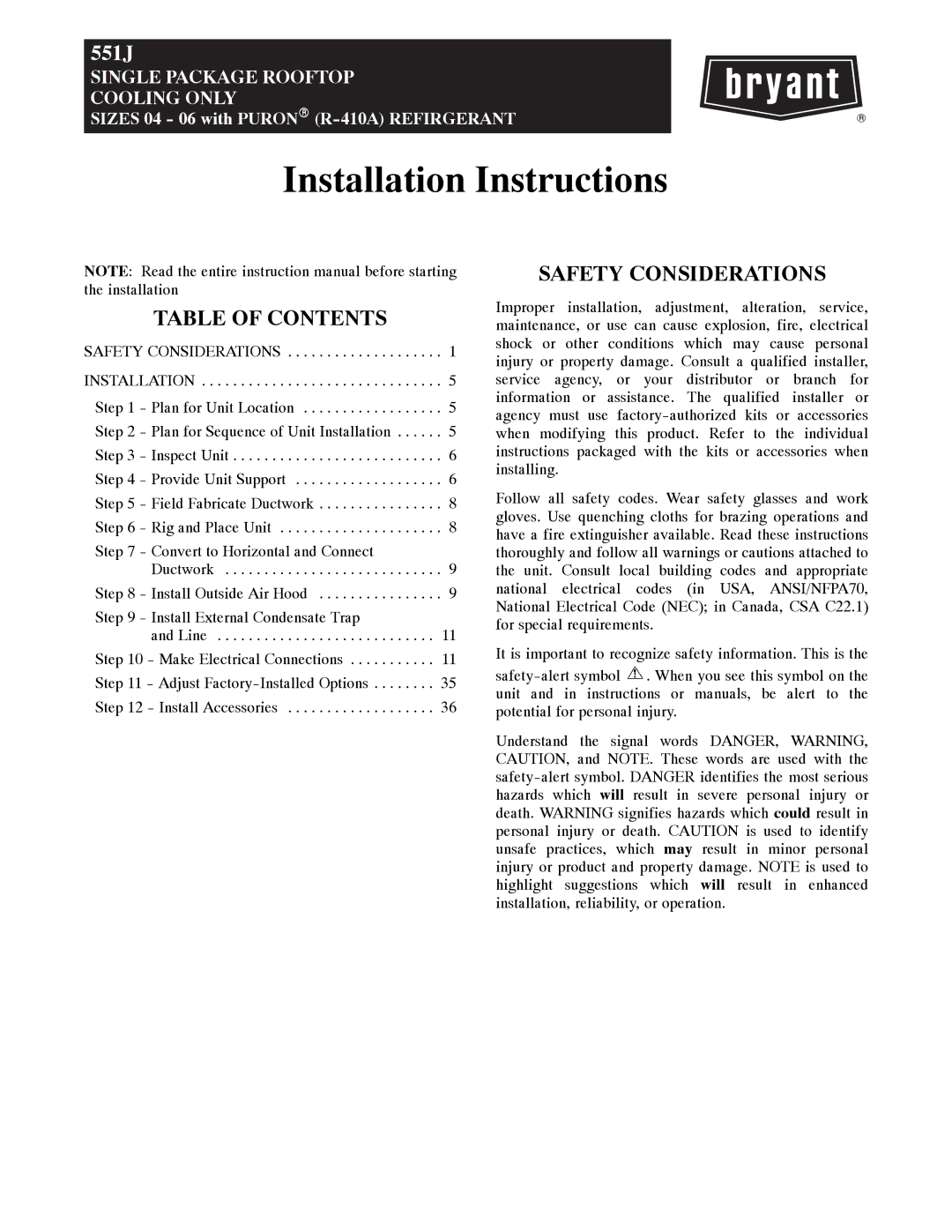 Bryant 551J installation instructions Installation Instructions 