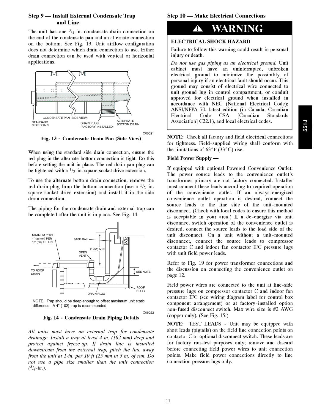 Bryant 551J Install External Condensate Trap and Line, Make Electrical Connections, Field Power Supply 