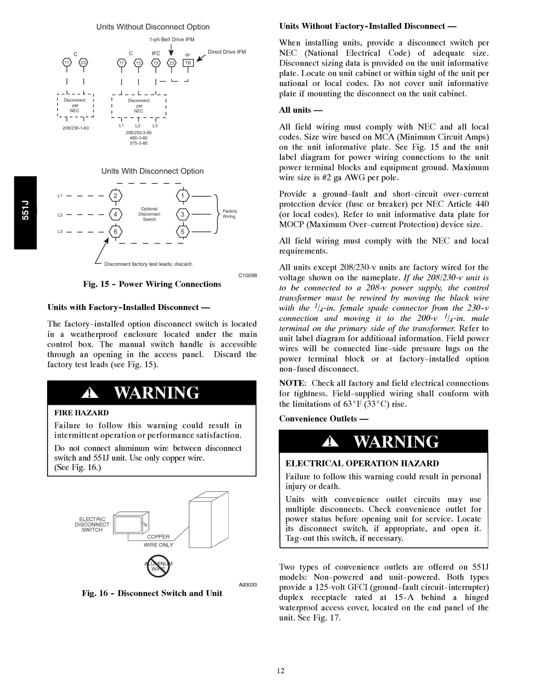 Bryant 551J installation instructions All units, Convenience Outlets 