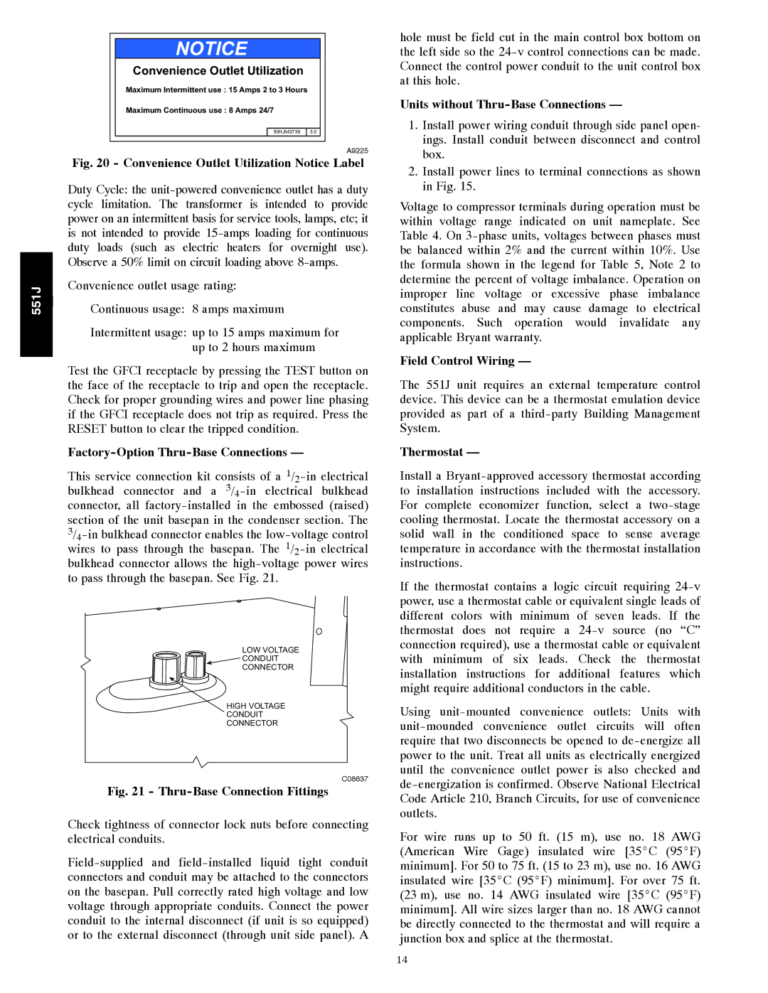 Bryant 551J Factory-Option Thru-Base Connections, Units without Thru-Base Connections, Field Control Wiring, Thermostat 