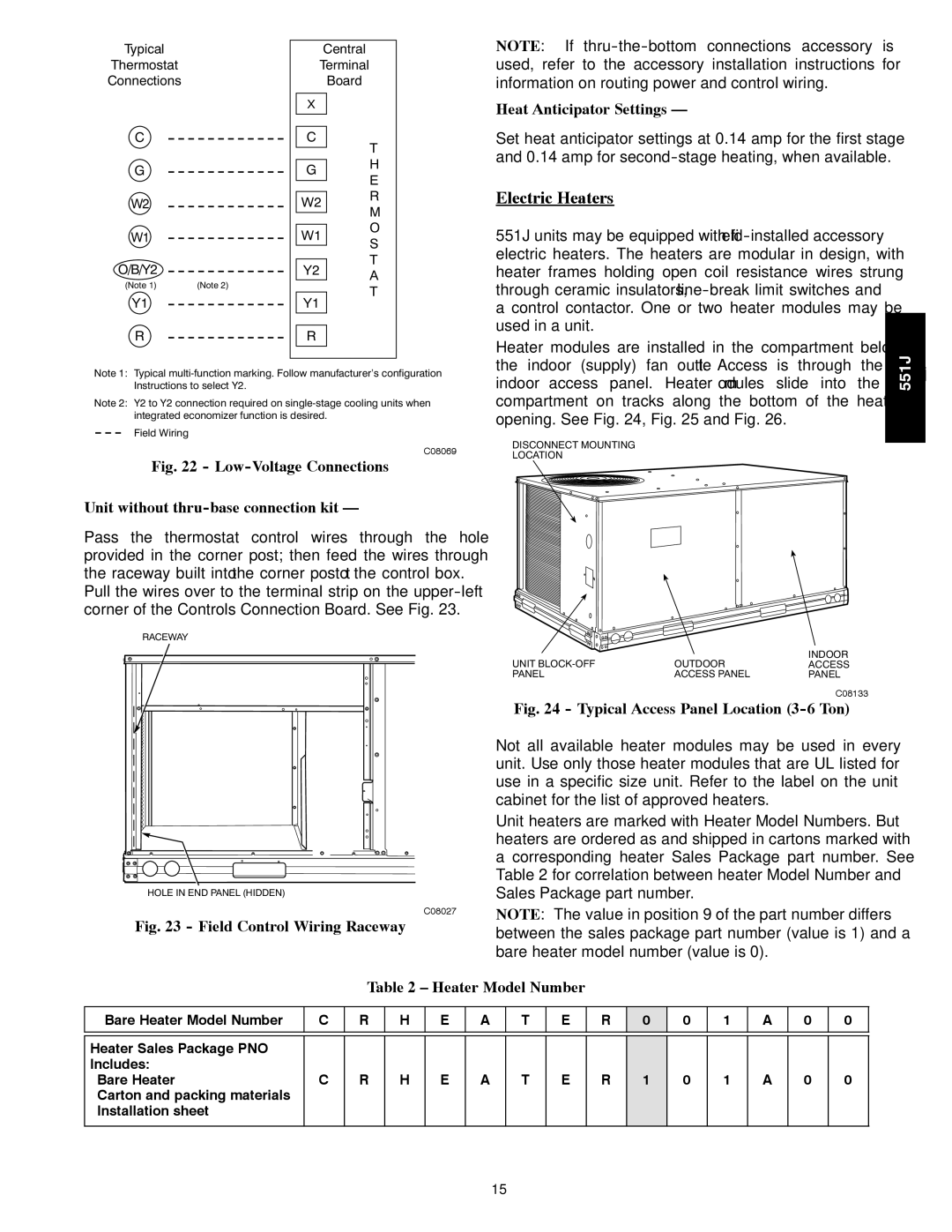 Bryant 551J installation instructions Electric Heaters, Heat Anticipator Settings, Heater Model Number 