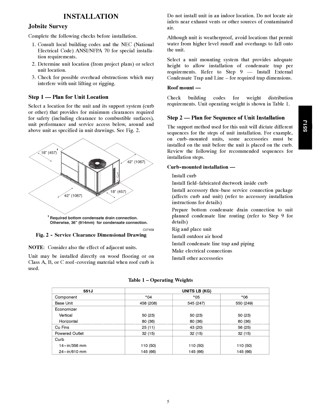 Bryant 551J Plan for Unit Location, Plan for Sequence of Unit Installation, Roof mount, Curb-mounted installation 