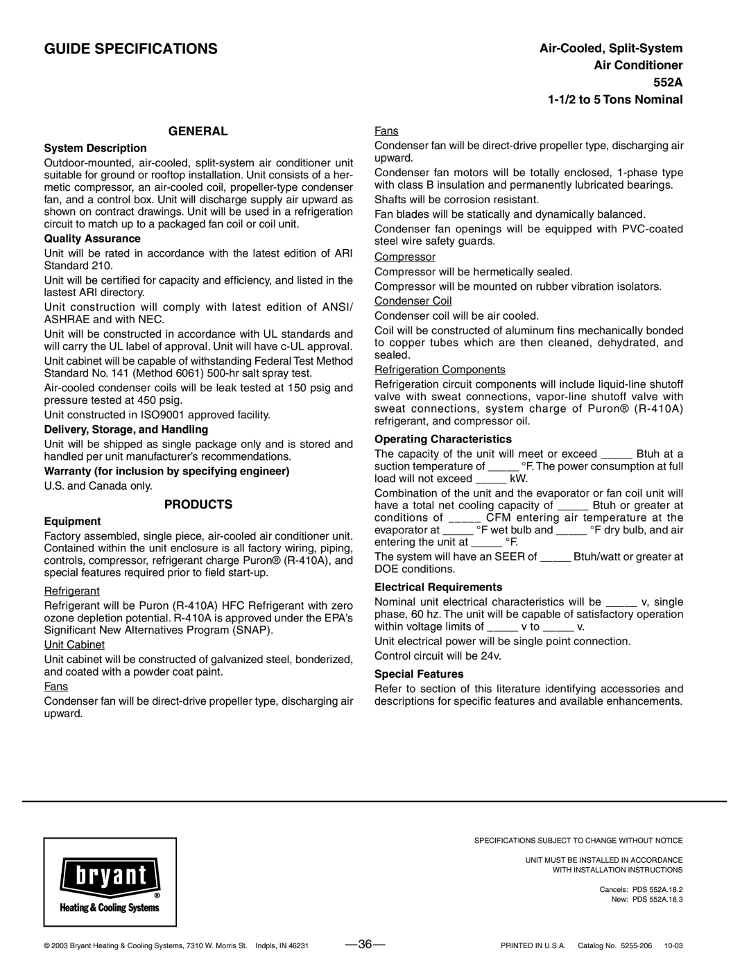 Bryant 552A warranty Guide Specifications, General 