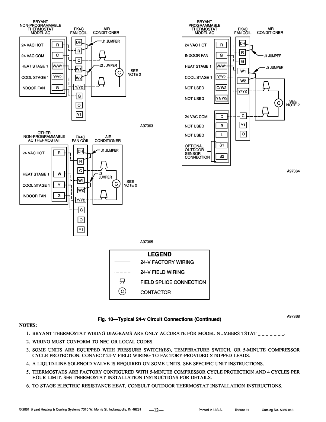 Bryant 556A, 552A, 550A instruction manual Typical 24-vCircuit Connections Continued, Legend 