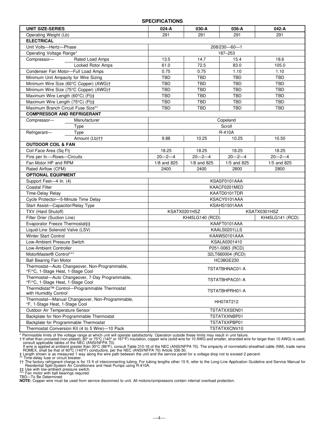 Bryant 556A warranty Specifications, Electrical, Compressor and Refrigerant, Outdoor Coil & FAN, Optional Equipment 