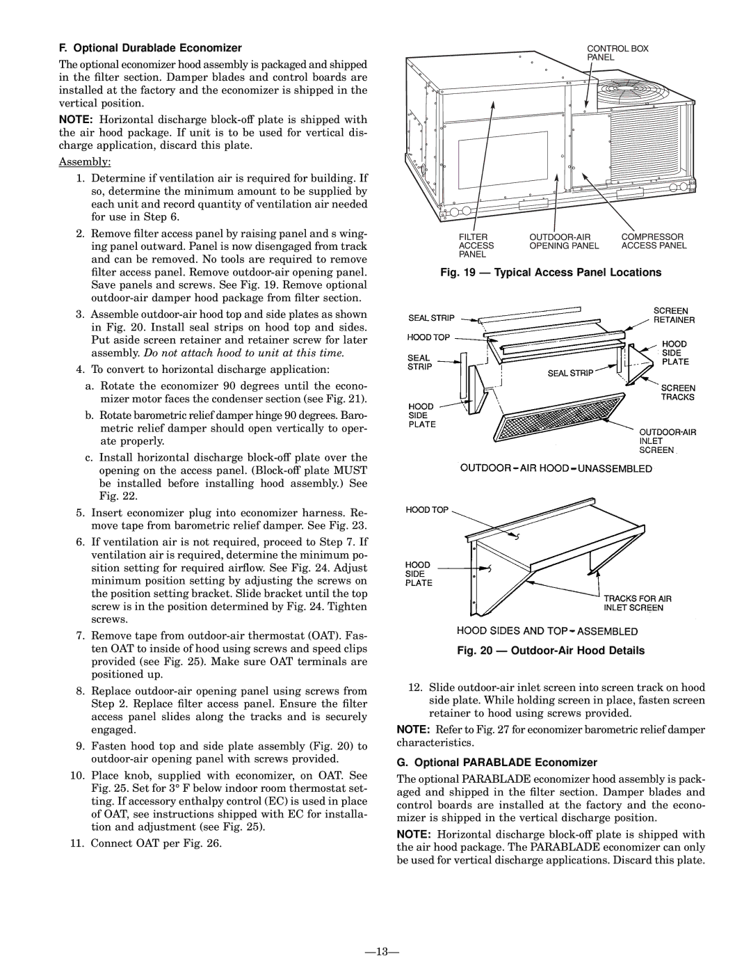 Bryant 558D installation instructions Optional Durablade Economizer, Optional Parablade Economizer 