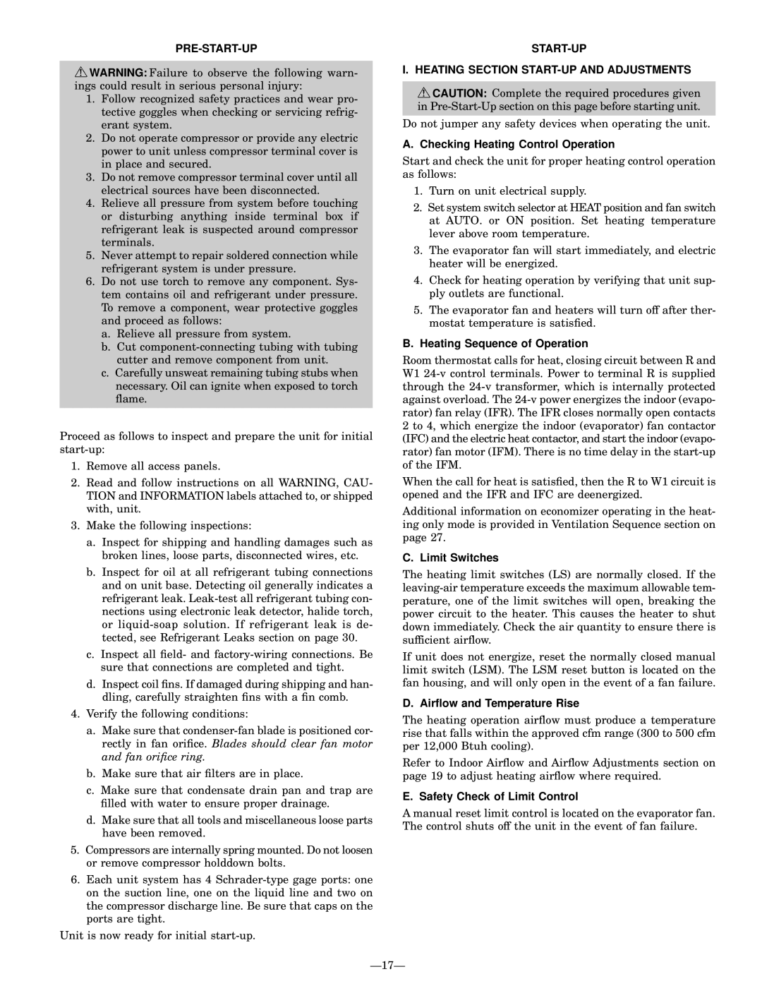 Bryant 558D installation instructions Pre-Start-Up, START-UP Heating Section START-UP and Adjustments 