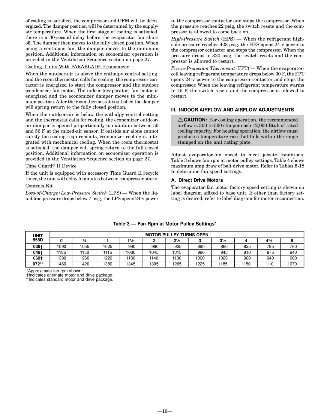 Bryant 558D III. Indoor Airflow and Airflow Adjustments, Direct Drive Motors, Fan Rpm at Motor Pulley Settings 