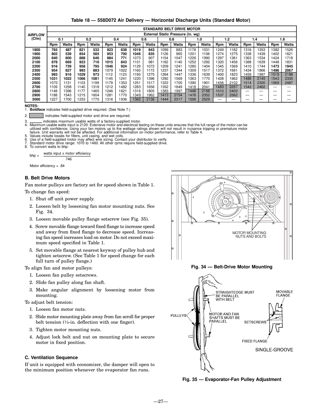 Bryant 558D installation instructions Belt Drive Motors, Ventilation Sequence 