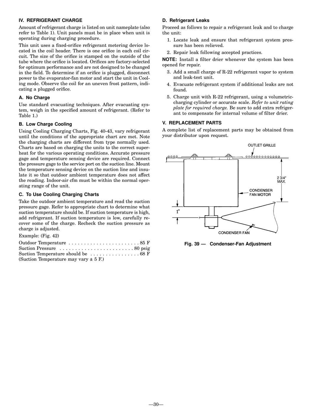 Bryant 558D installation instructions IV. Refrigerant Charge, Replacement Parts 