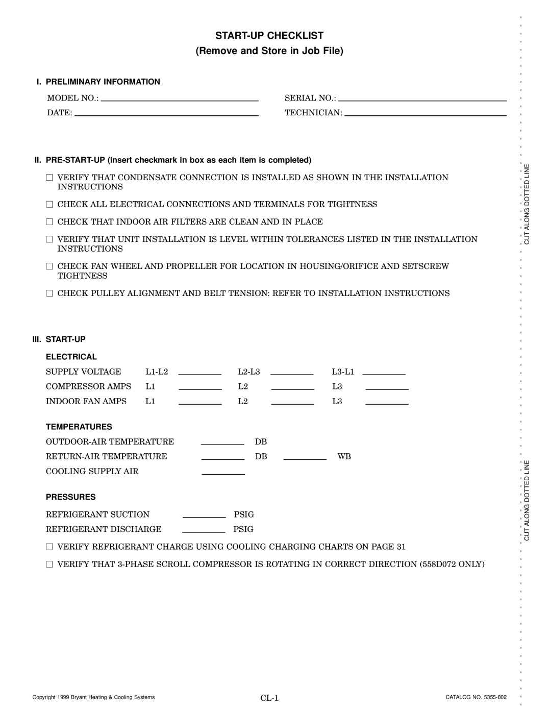 Bryant 558D installation instructions Preliminary Information, III. START-UP Electrical, Temperatures, Pressures 