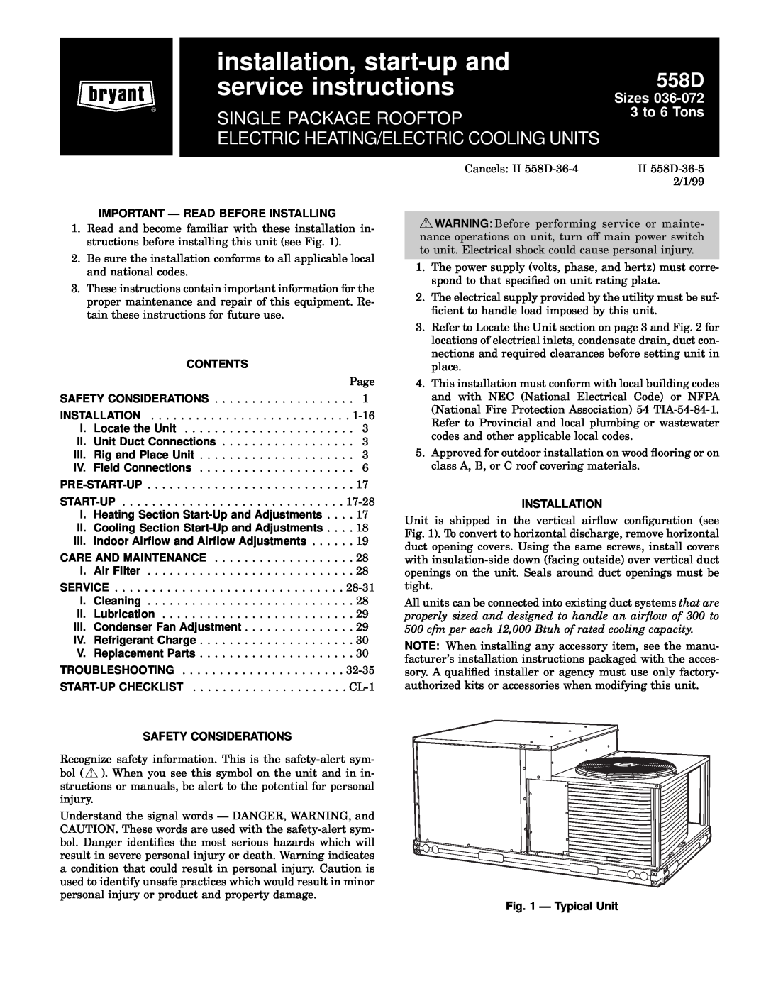 Bryant 558D installation instructions Important Ð Read Before Installing, Contents, Safety Considerations, Installation 