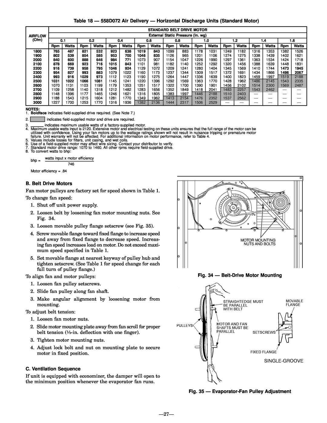 Bryant 558D B. Belt Drive Motors, C.Ventilation Sequence, Ð Belt-DriveMotor Mounting, Ð Evaporator-FanPulley Adjustment 