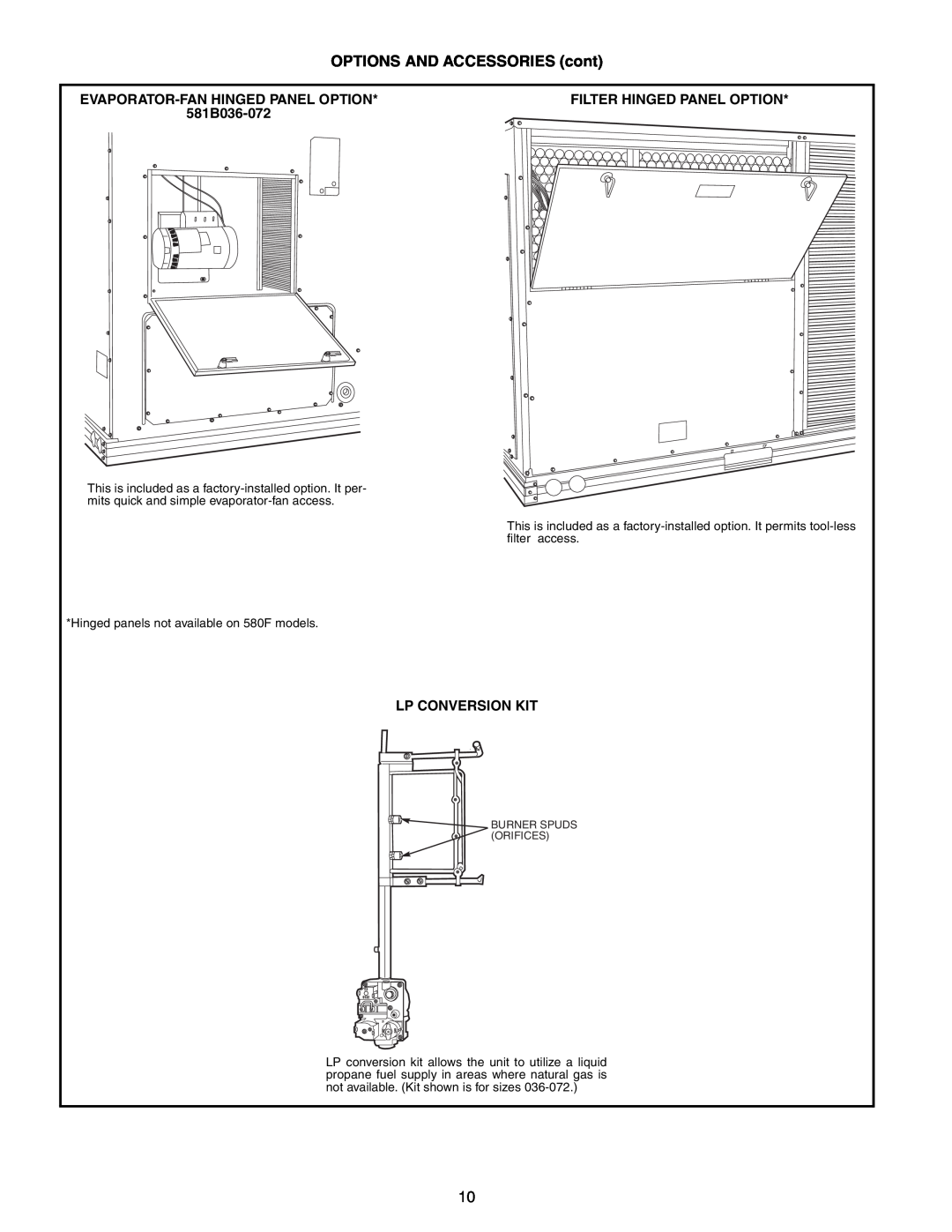 Bryant 551B, 558F, 551A manual Evaporator-Fan Hinged Panel Option, Filter Hinged Panel Option, Lp Conversion Kit, 581B036-072 