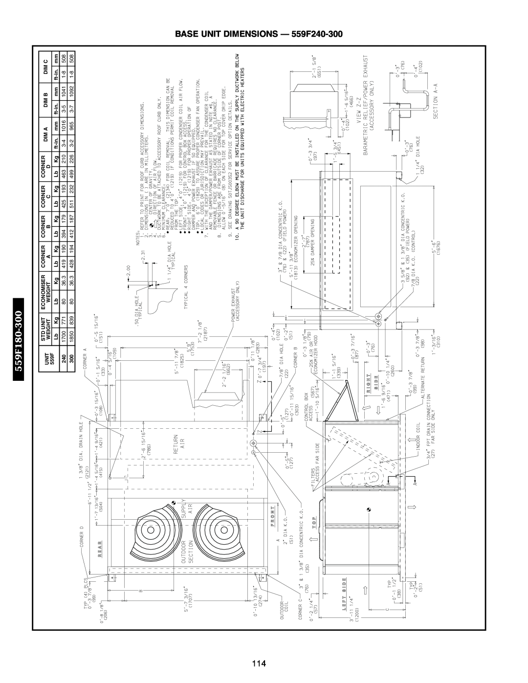 Bryant 558F, 551B, 551A manual BASE UNIT DIMENSIONS - 559F240-300, 559F180-300 