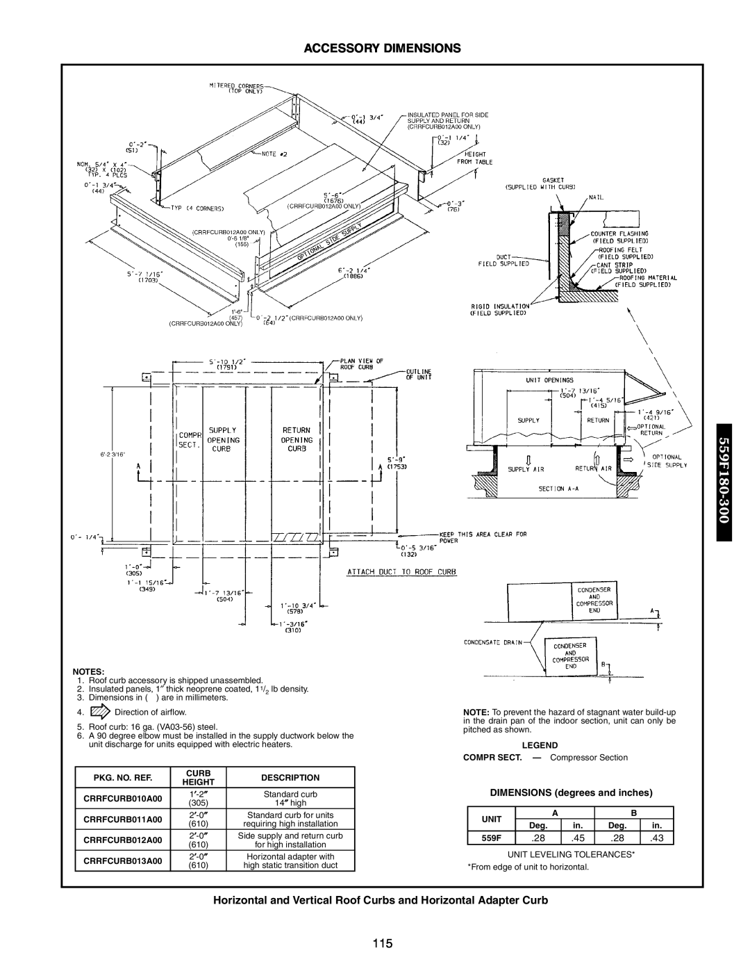 Bryant 551B, 558F, 551A Horizontal and Vertical Roof Curbs and Horizontal Adapter Curb, Accessory Dimensions, 559F180-300 