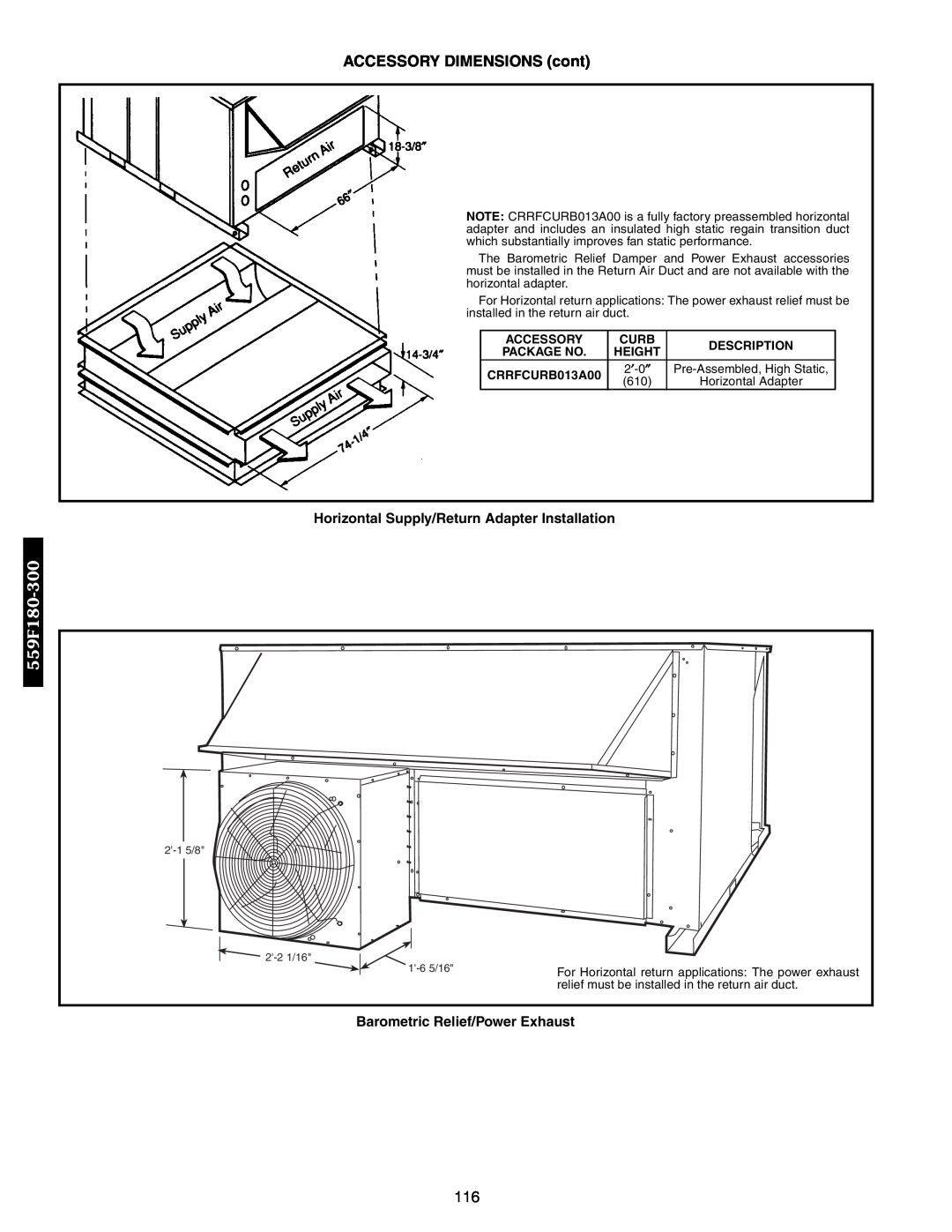 Bryant 551A, 558F, 551B manual Horizontal Supply/Return Adapter Installation, Barometric Relief/Power Exhaust, 559F180-300 