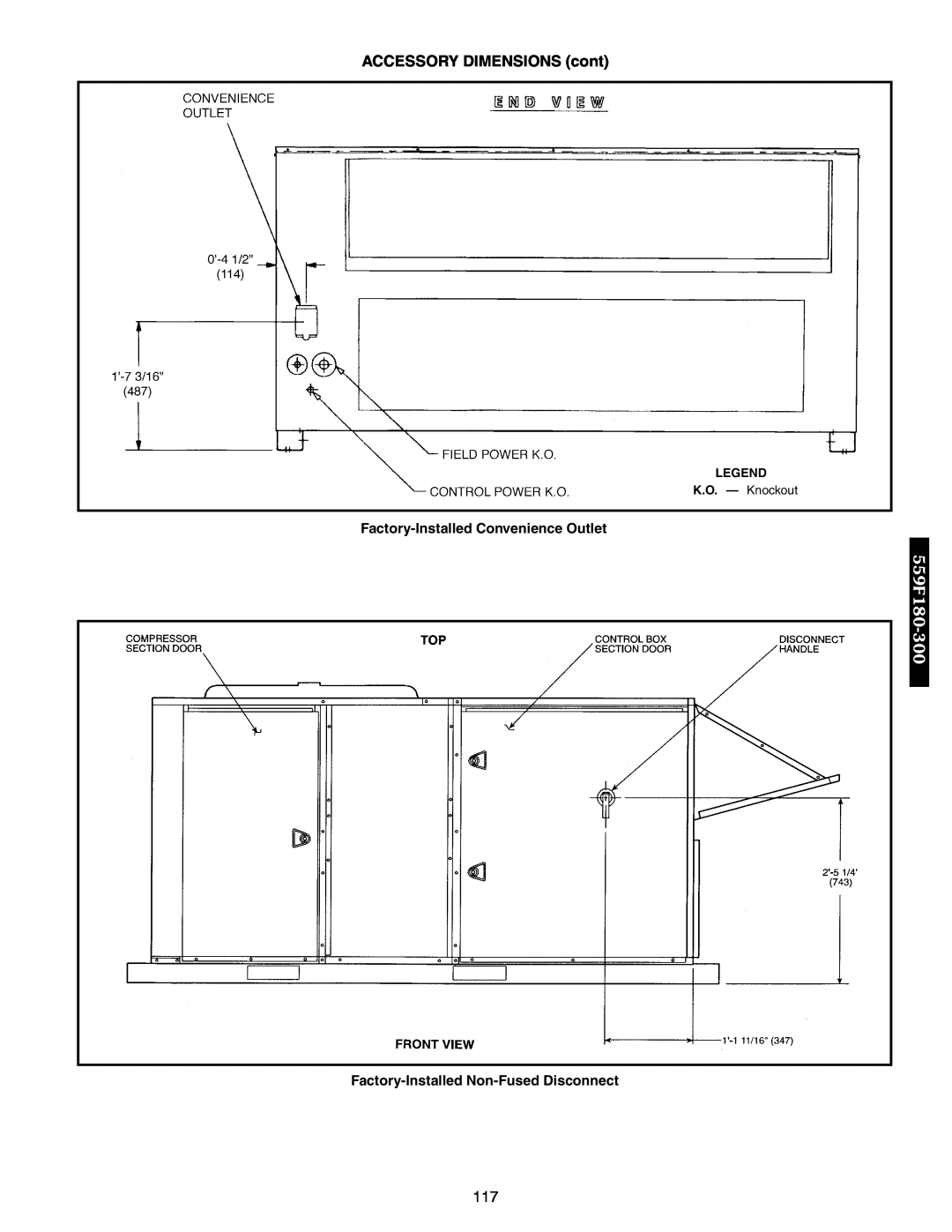 Bryant 558F, 551B Factory-Installed Convenience Outlet, Factory-Installed Non-Fused Disconnect, ACCESSORY DIMENSIONS cont 