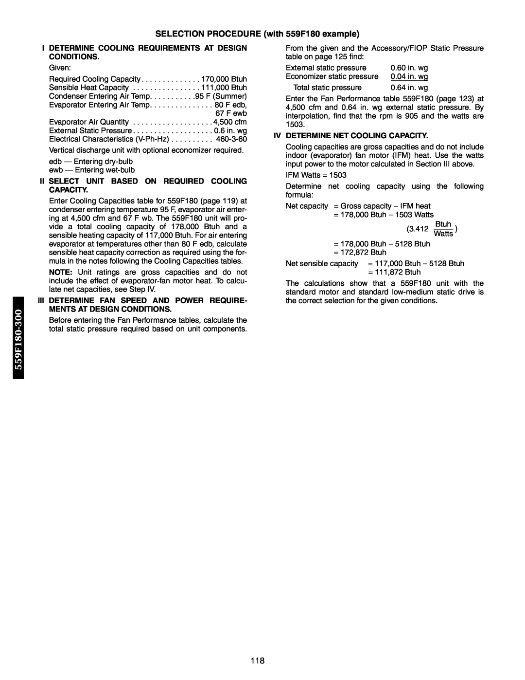 Bryant 551B SELECTION PROCEDURE with 559F180 example, I Determine Cooling Requirements At Design Conditions, 559F180-300 