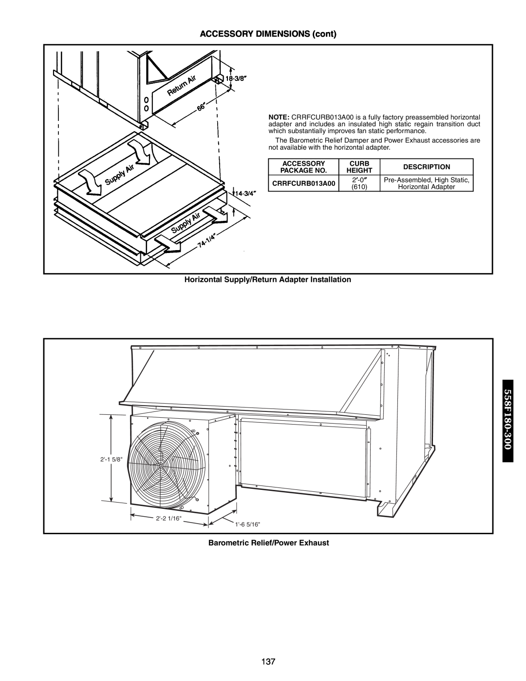 Bryant 551A ACCESSORY DIMENSIONS cont, 558F180-300, Horizontal Supply/Return Adapter Installation, Package No, 2 ′-0 ″ 