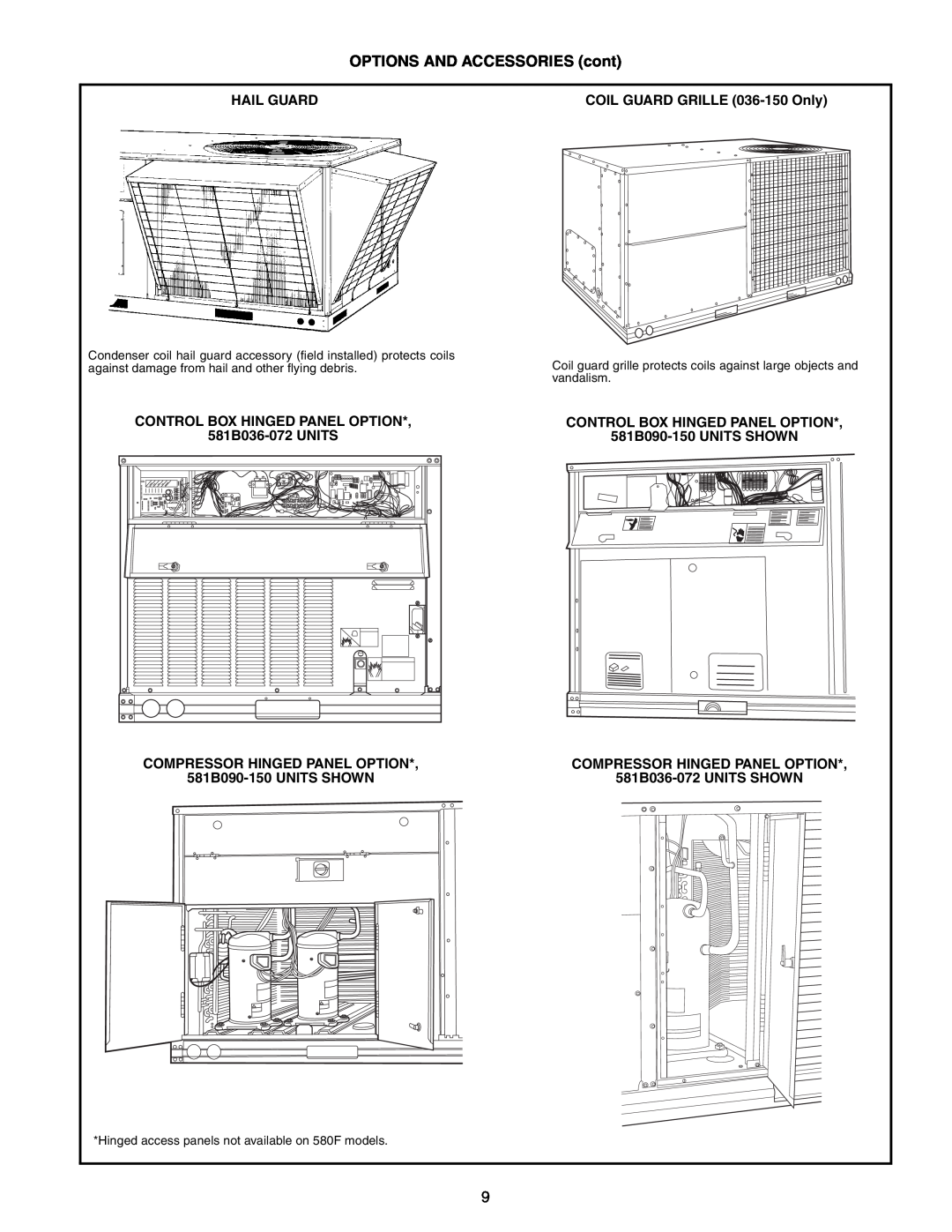 Bryant 558F, 551B, 551A manual Hail Guard, COIL GUARD GRILLE 036-150 Only, CONTROL BOX HINGED PANEL OPTION 581B036-072 UNITS 