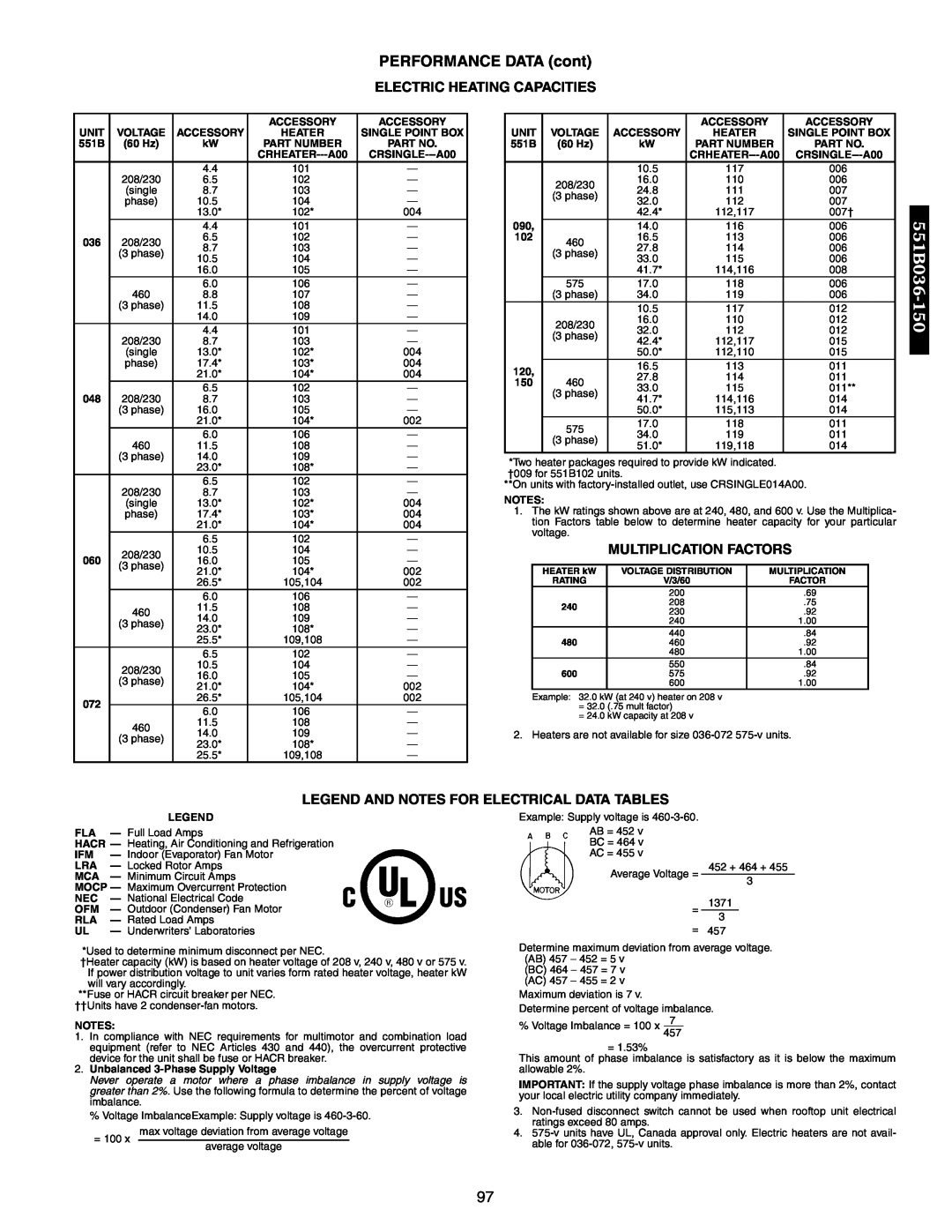Bryant 558F Legend And Notes For Electrical Data Tables, PERFORMANCE DATA cont, Electric Heating Capacities, 551B036 