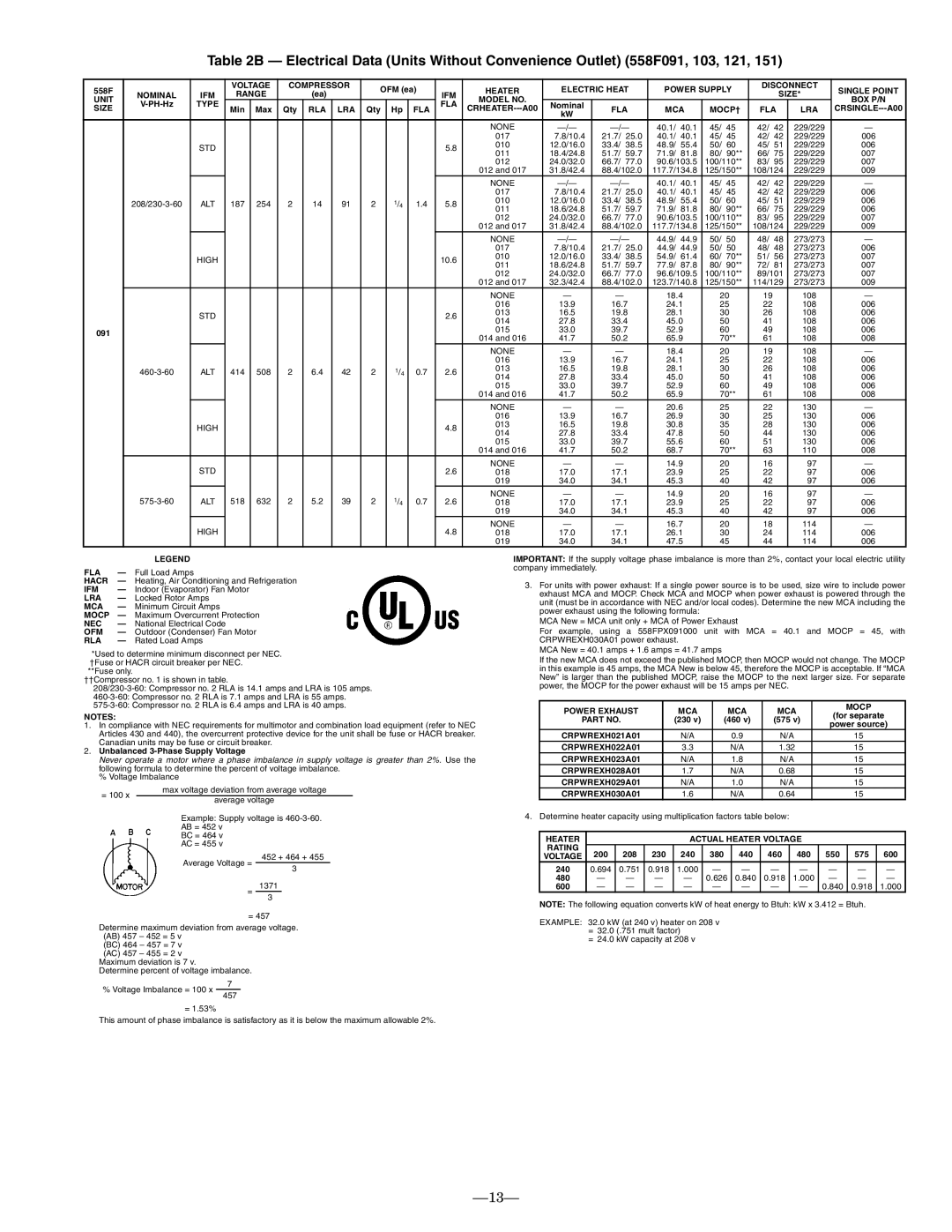 Bryant 558F installation instructions Voltage Compressor 