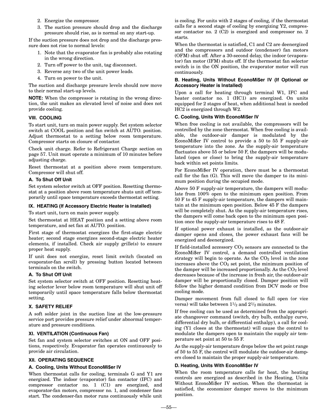 Bryant 558F installation instructions VIII. Cooling, Safety Relief, XII. Operating Sequence 