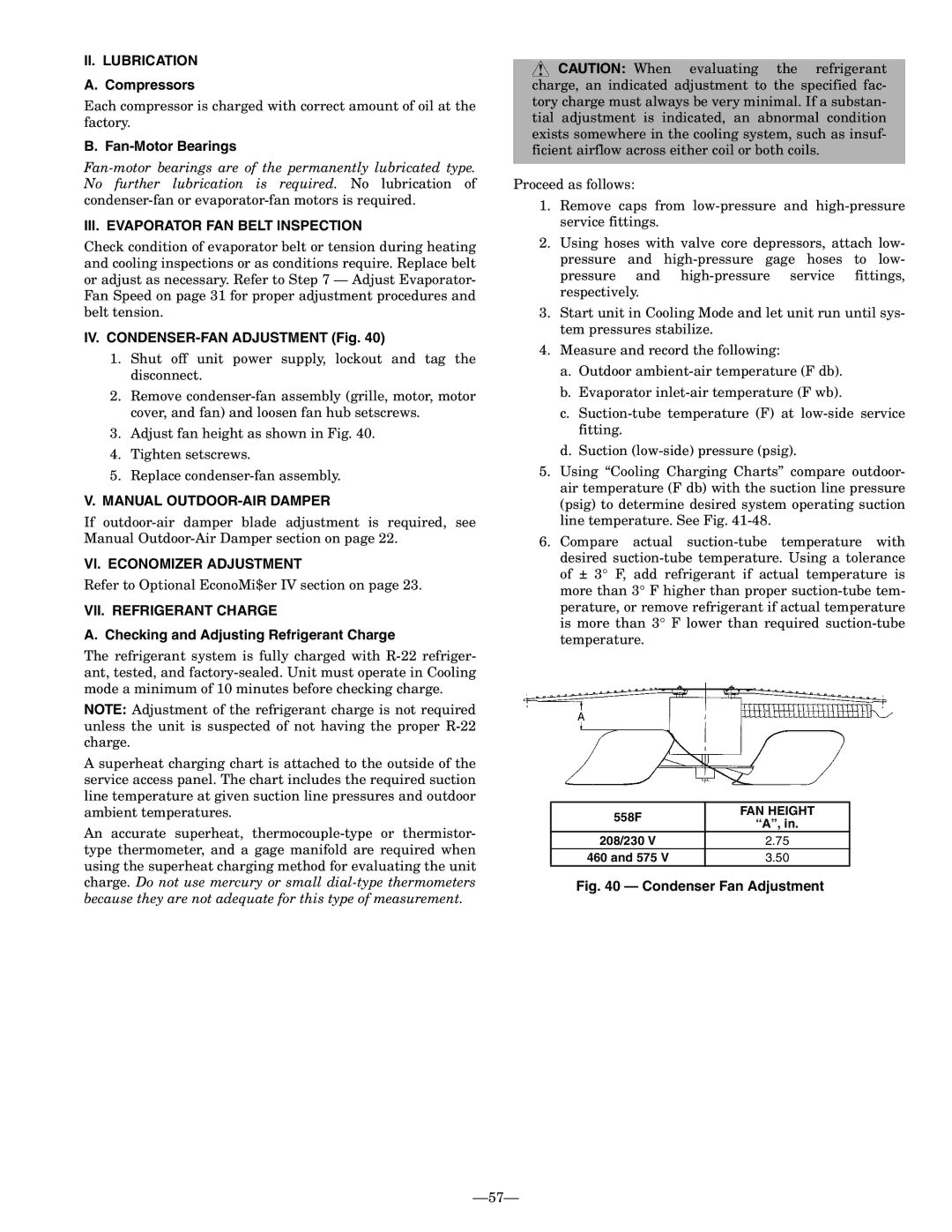 Bryant 558F II. Lubrication, III. Evaporator FAN Belt Inspection, Manual OUTDOOR-AIR Damper, VI. Economizer Adjustment 