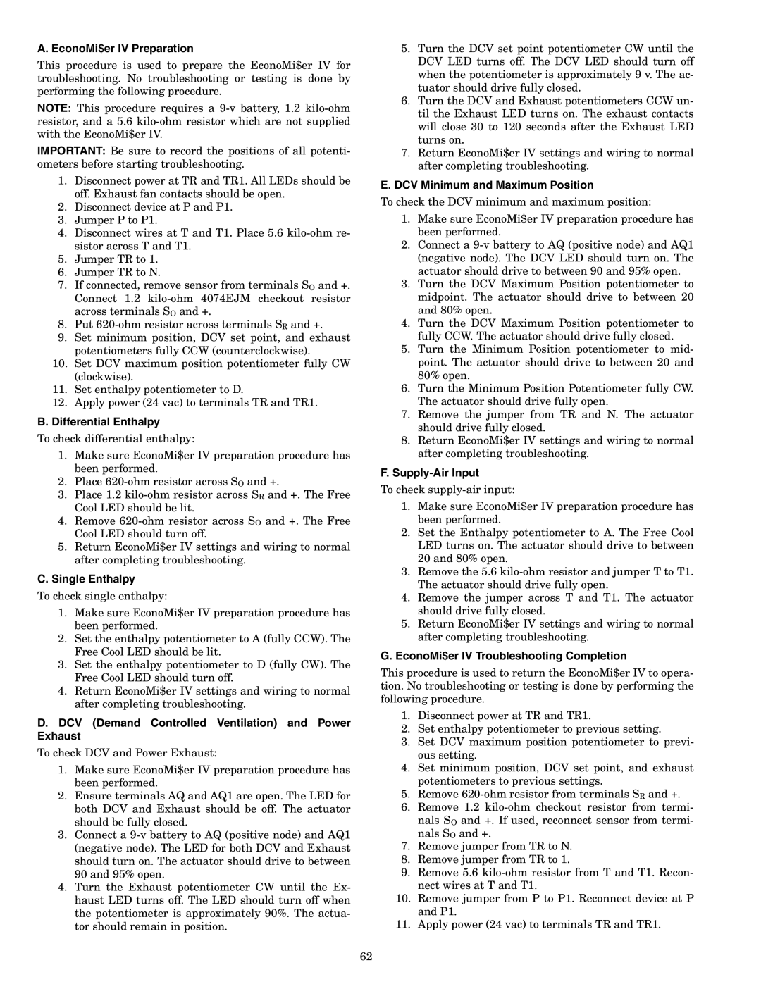 Bryant 558F EconoMi$er IV Preparation, Differential Enthalpy, Single Enthalpy, DCV Minimum and Maximum Position 