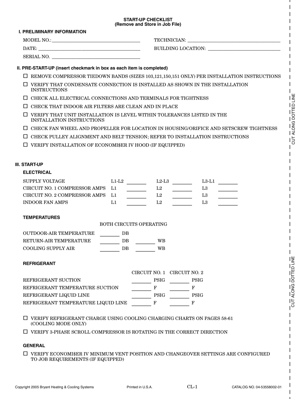 Bryant 558F START-UP Checklist, Preliminary Information, III. START-UP Electrical, Temperatures, Refrigerant, General 