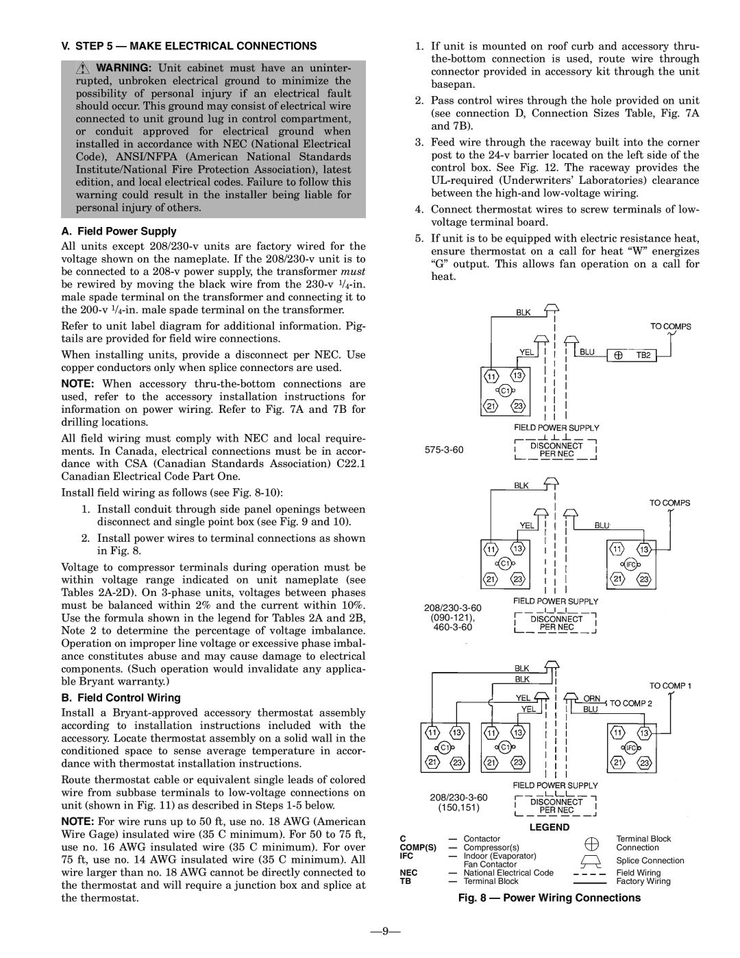 Bryant 558F installation instructions Make Electrical Connections, Field Power Supply, Field Control Wiring 