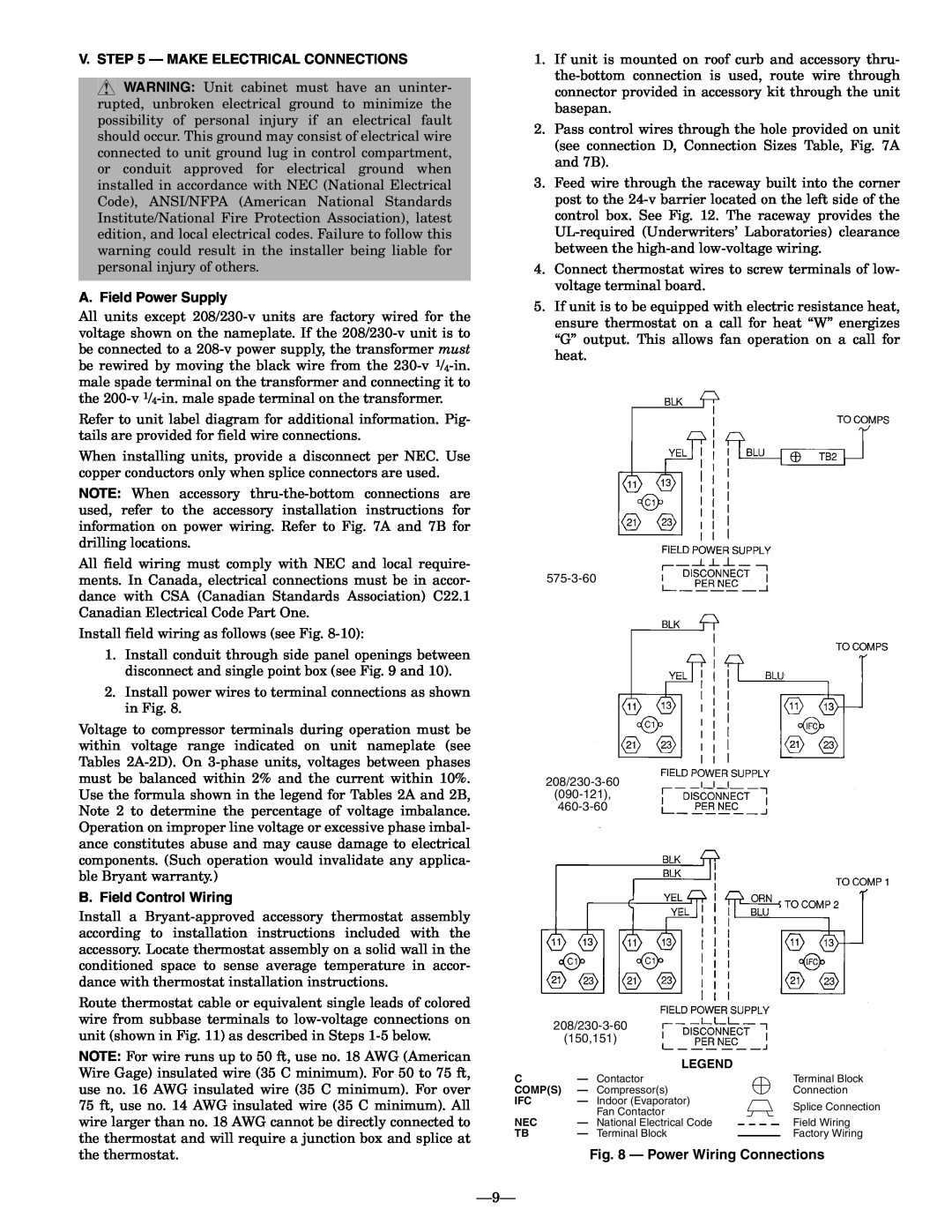 Bryant 558F V. - Make Electrical Connections, A. Field Power Supply, B. Field Control Wiring, Power Wiring Connections 