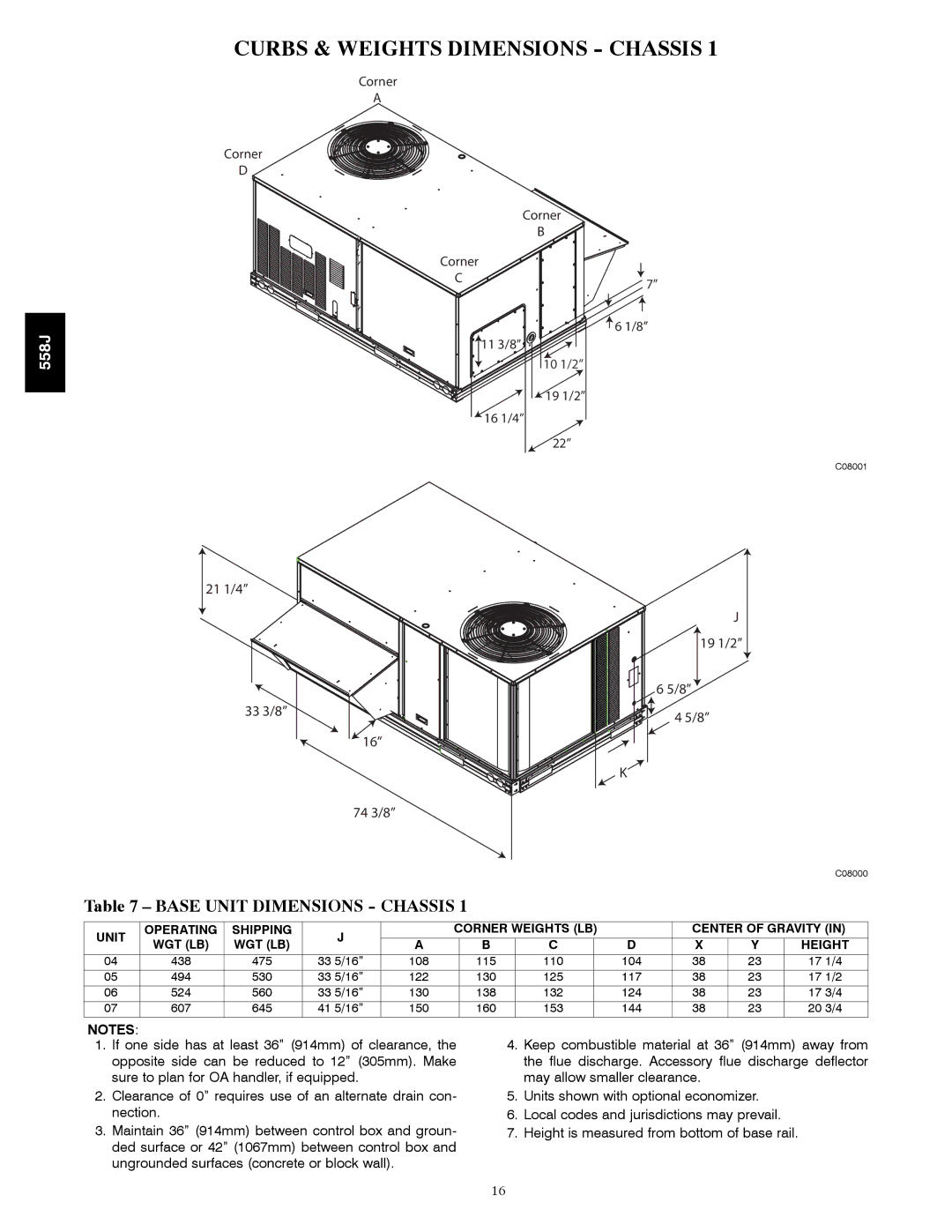 Bryant 558J manual Curbs & Weights Dimensions Chassis, Base Unit Dimensions Chassis 