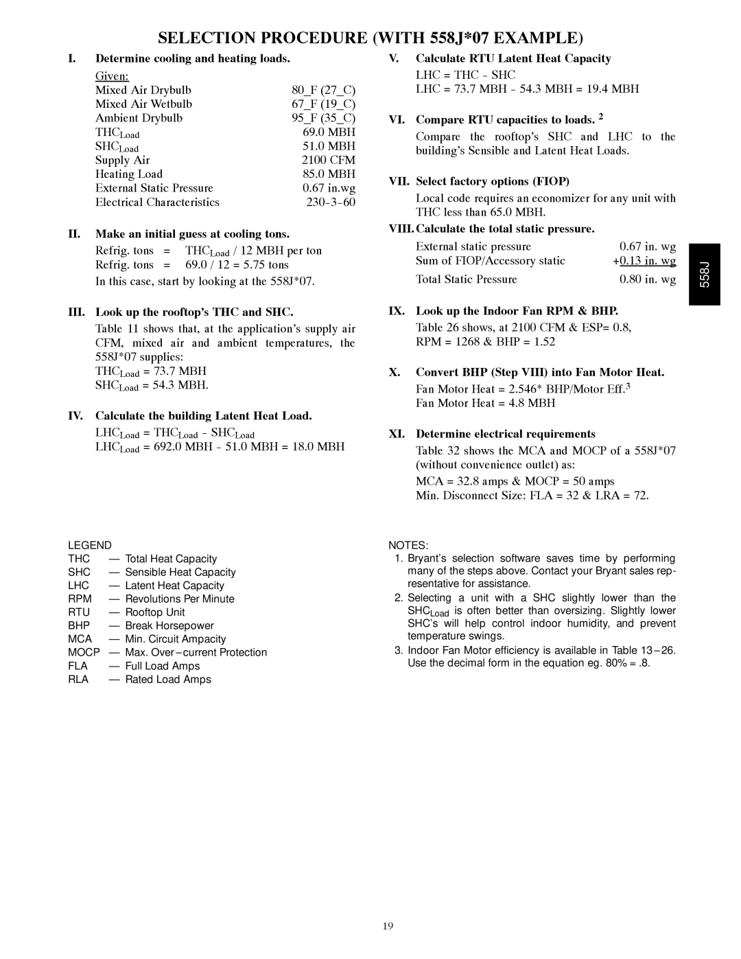 Bryant manual Selection Procedure with 558J*07 Example, Determine cooling and heating loads 