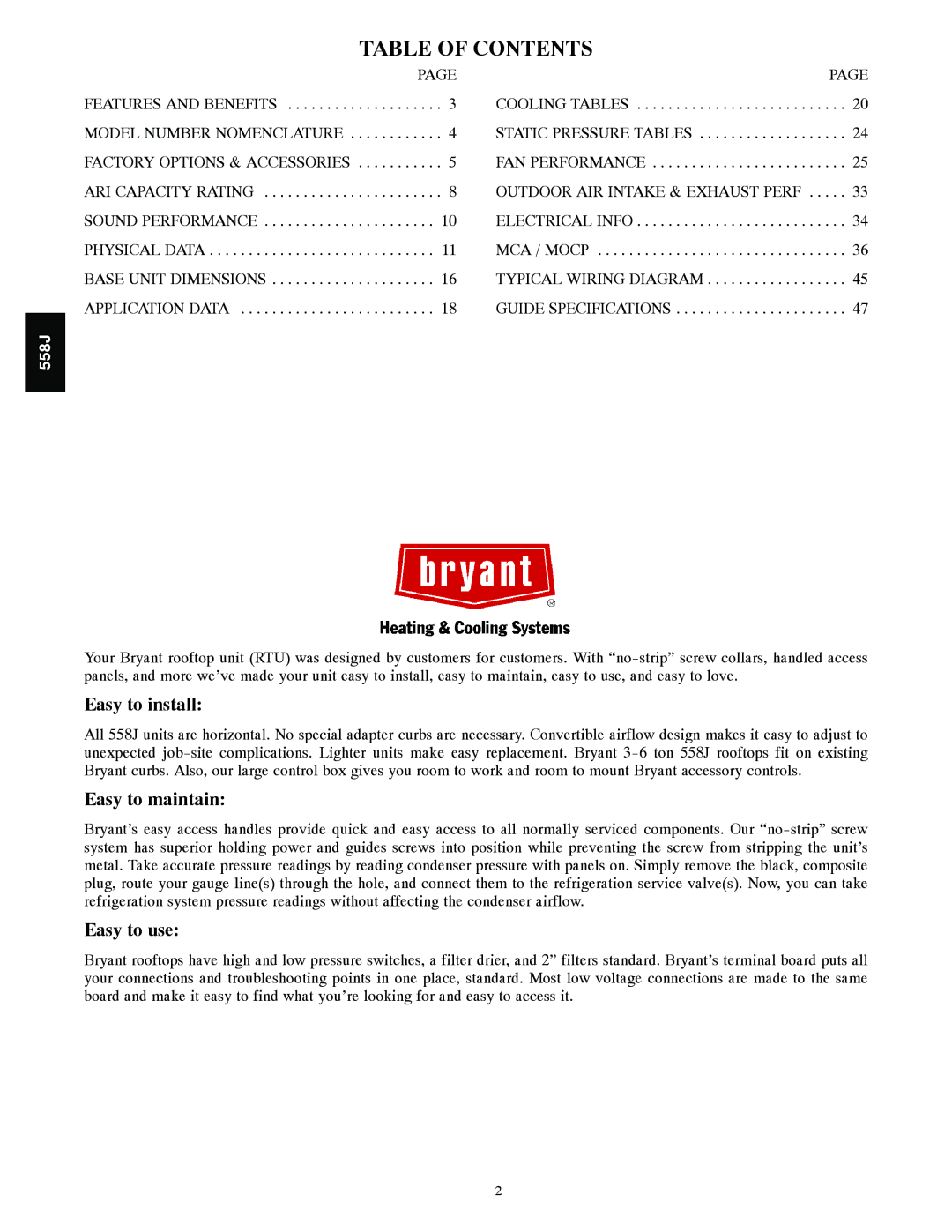 Bryant 558J manual Table of Contents 