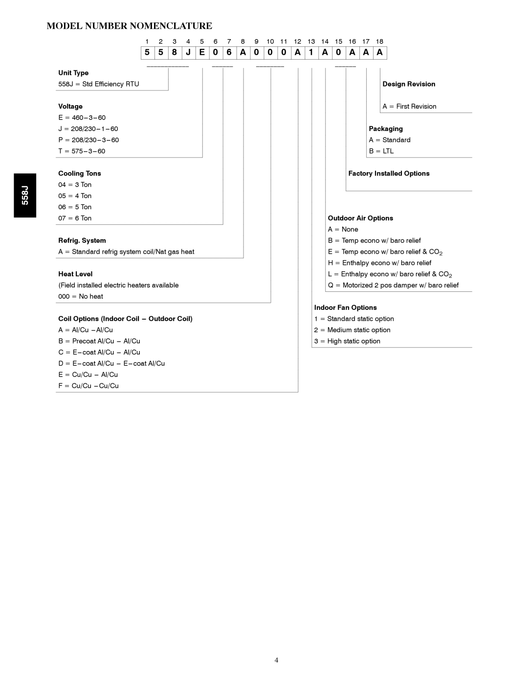 Bryant 558J Unit Type, Design Revision, Voltage, Packaging, Cooling Tons Factory Installed Options, Outdoor Air Options 