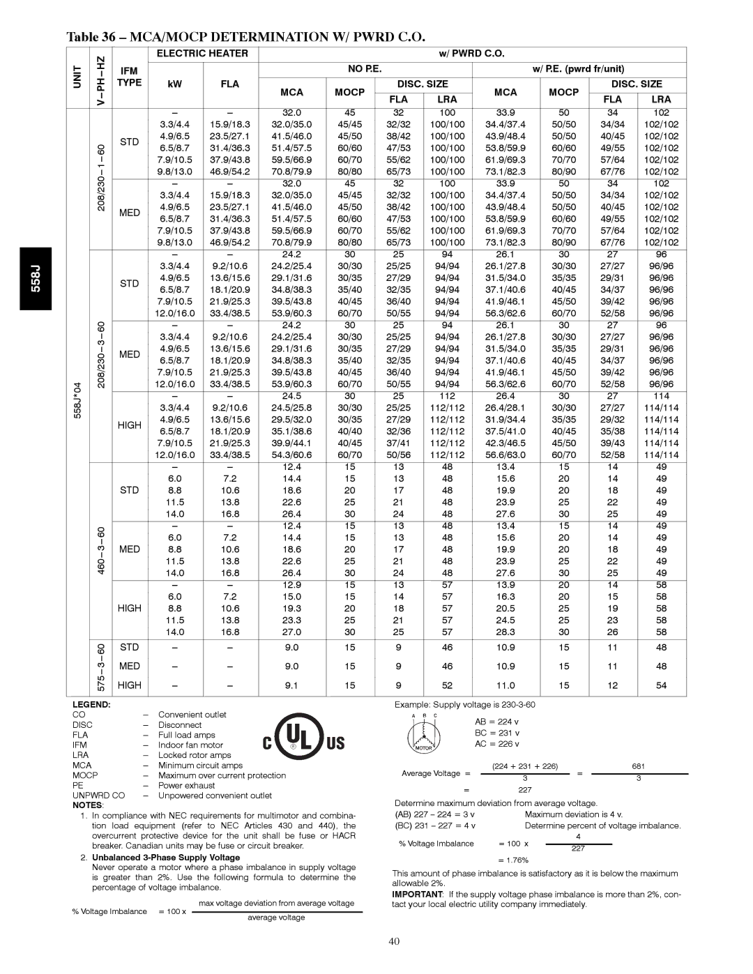 Bryant 558J manual IFM No P.E, Type FLA MCA Mocp DISC. Size LRA 