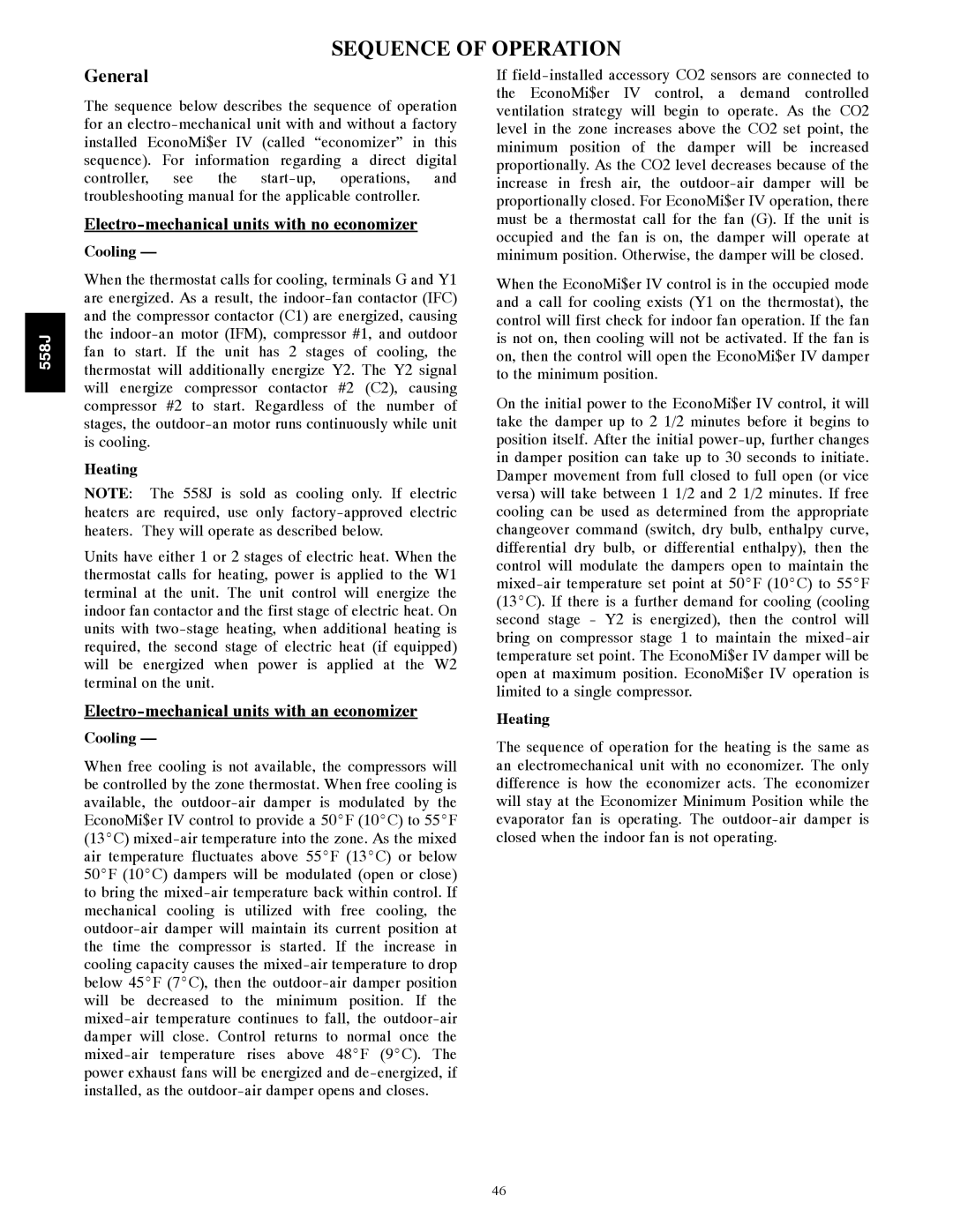 Bryant 558J manual Sequence of Operation, General, Electro-mechanical units with no economizer 