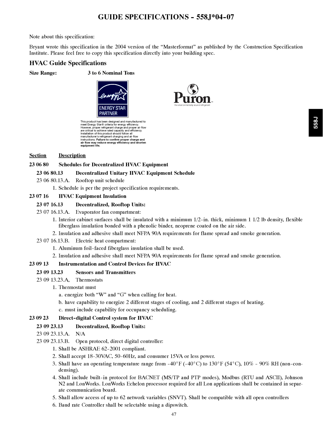 Bryant manual Guide Specifications 558J*04-07, Hvac Guide Specifications 