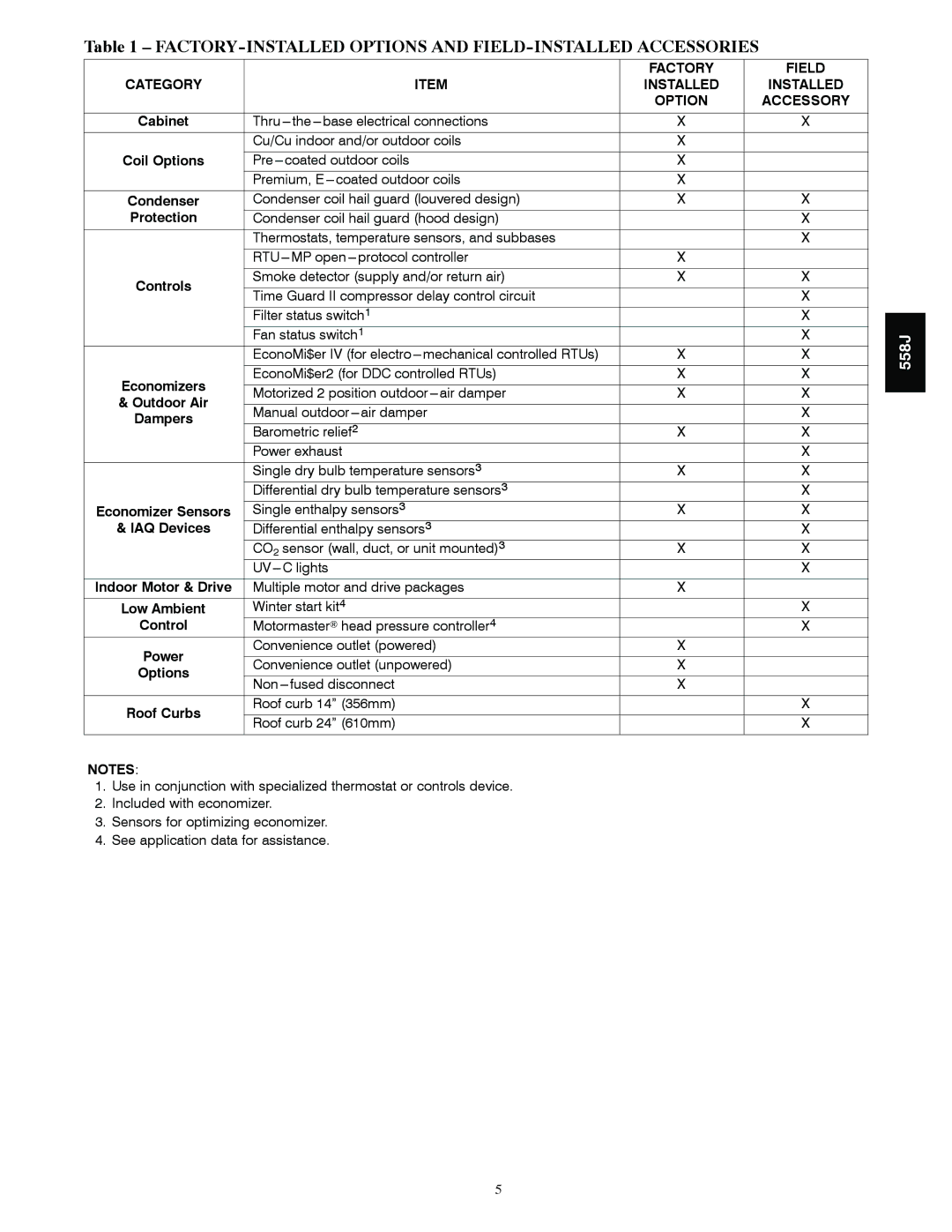 Bryant 558J manual FACTORY-INSTALLED Options and FIELD-INSTALLED Accessories, Economizers, Dampers, Economizer Sensors 